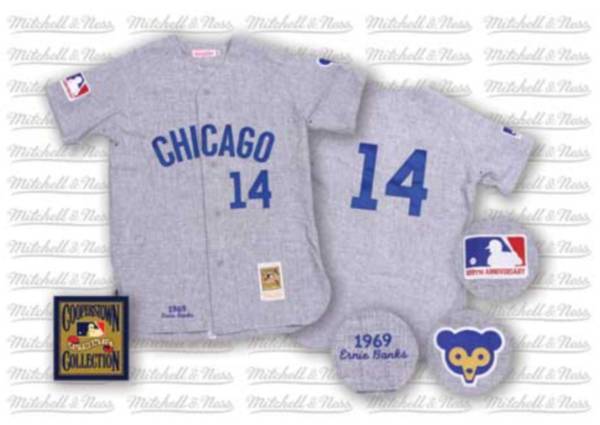 Mitchell and Ness Cubs #14 Ernie Banks Stitched Grey Throwback MLB Jersey - Click Image to Close